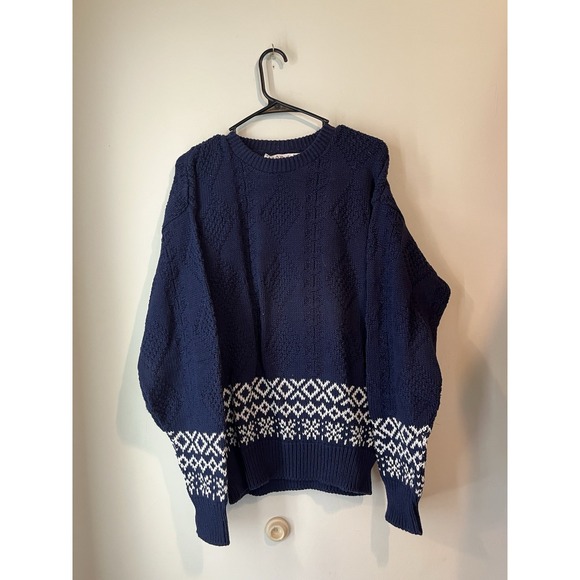 Vintage‎ Jos A Bank Sweater Cable Knit Fair Isle 100% Cotton Mens Medium Blue - Picture 1 of 4